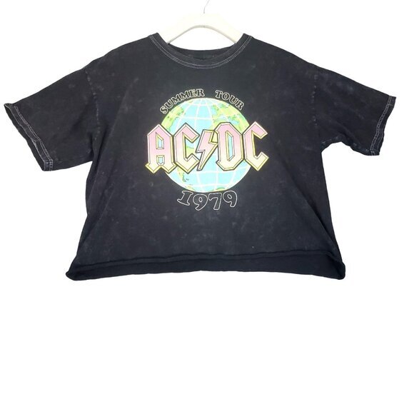 ACDC Womens‎ T-Shirt Large Acid Wash Crop Summer Tour 1979 Retro 70's Black - Picture 1 of 4
